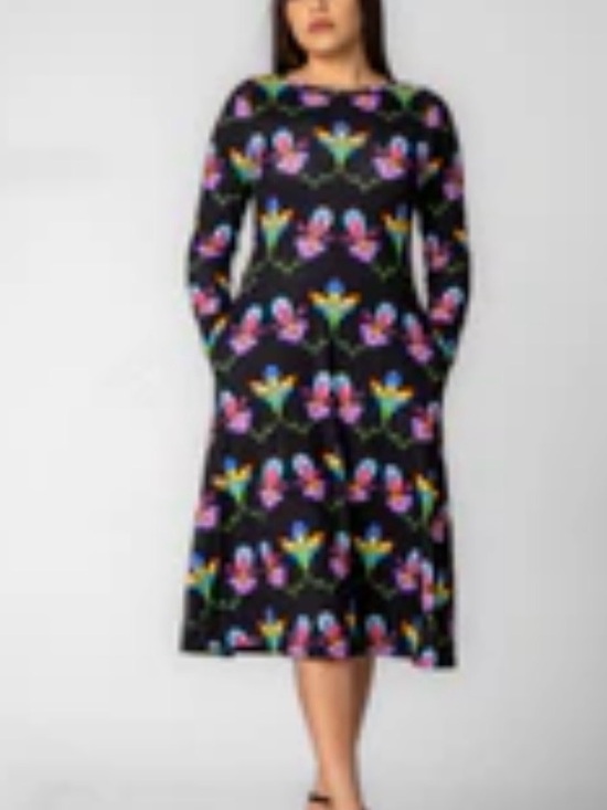 Choke Cherry Creek Dresses & Skirts - Black Long-Sleeve Floral Midi Dress with Colorful Blooms